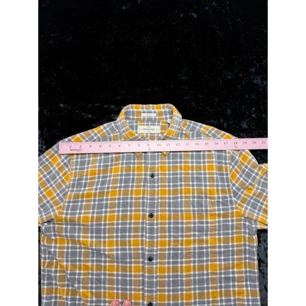 Hawker Rye Men's L Tall Slim Fit Stretch Flannel Shirt Gray Mustard Plaid - Picture 8 of 11